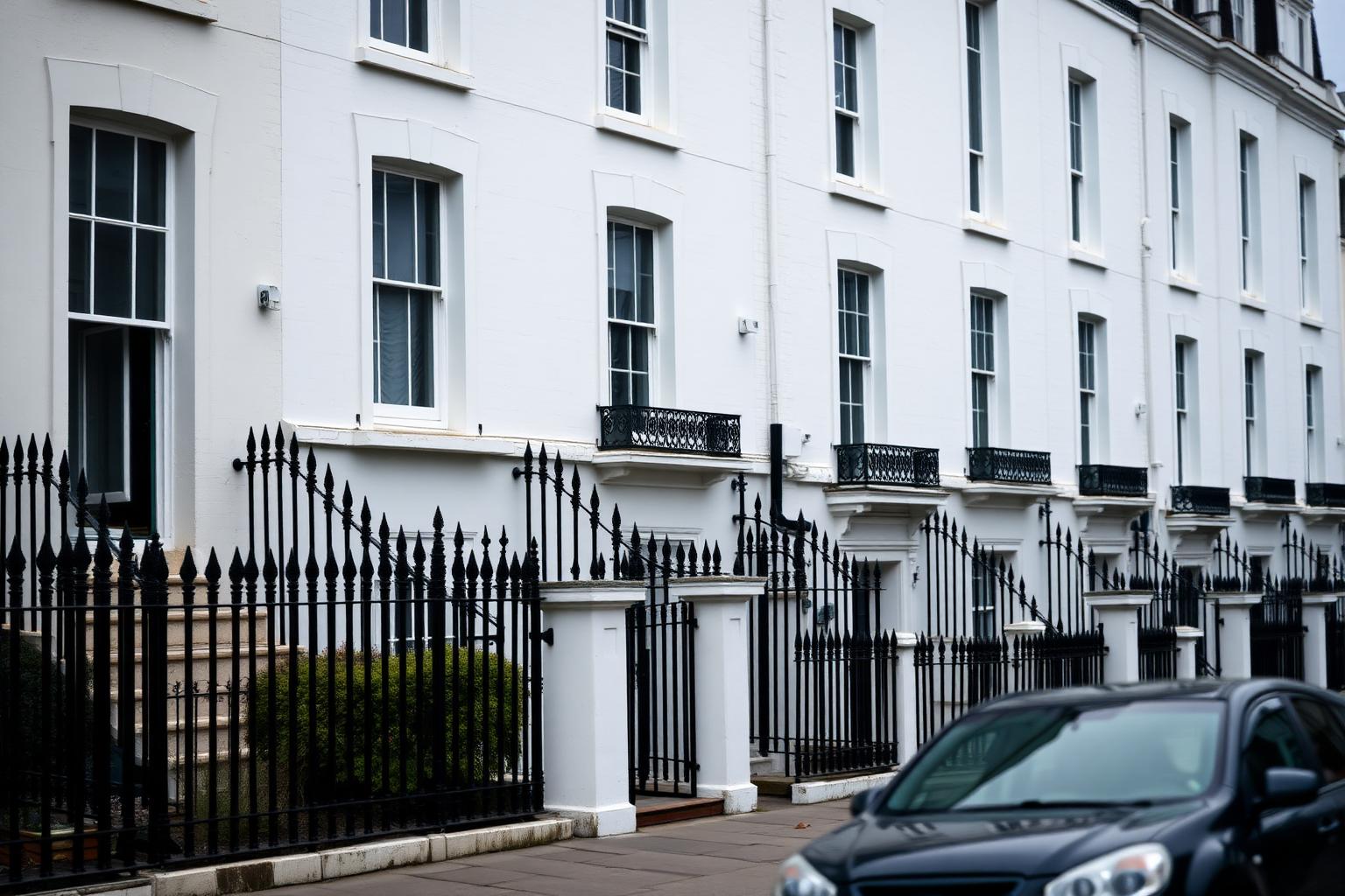 Row of white stucco London townhouses converted into managed flats
