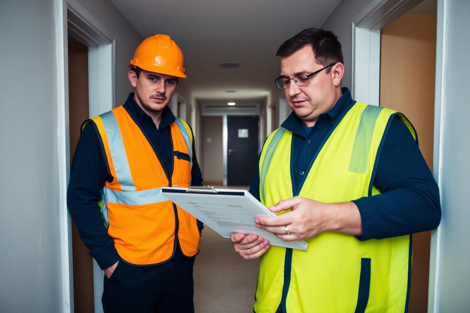 Two contractors reviewing a works schedule in a London apartment block corridor