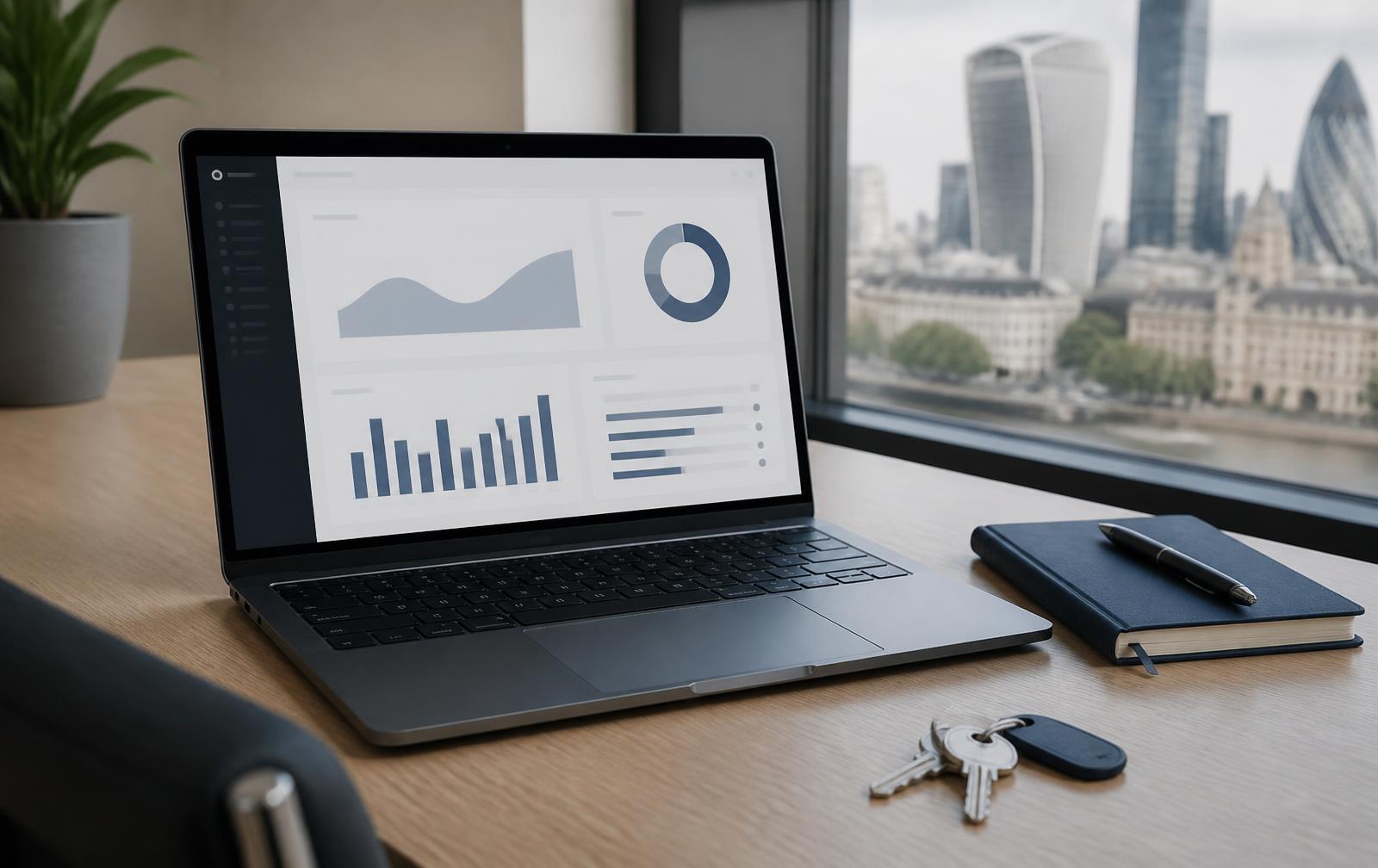 Laptop showing a property maintenance dashboard on a desk in a London office