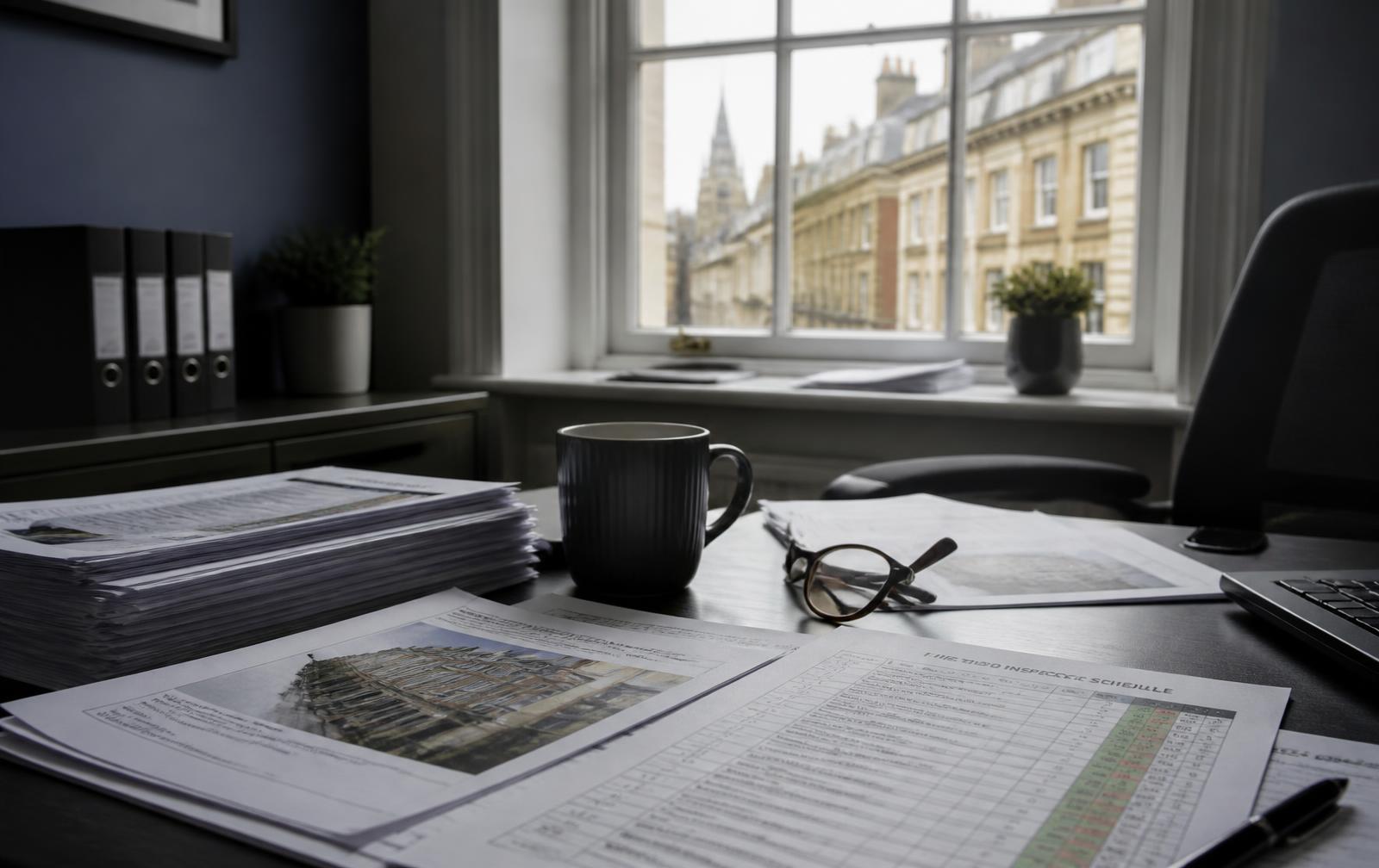 Compliance reports and a fire door inspection schedule on a London property manager's desk